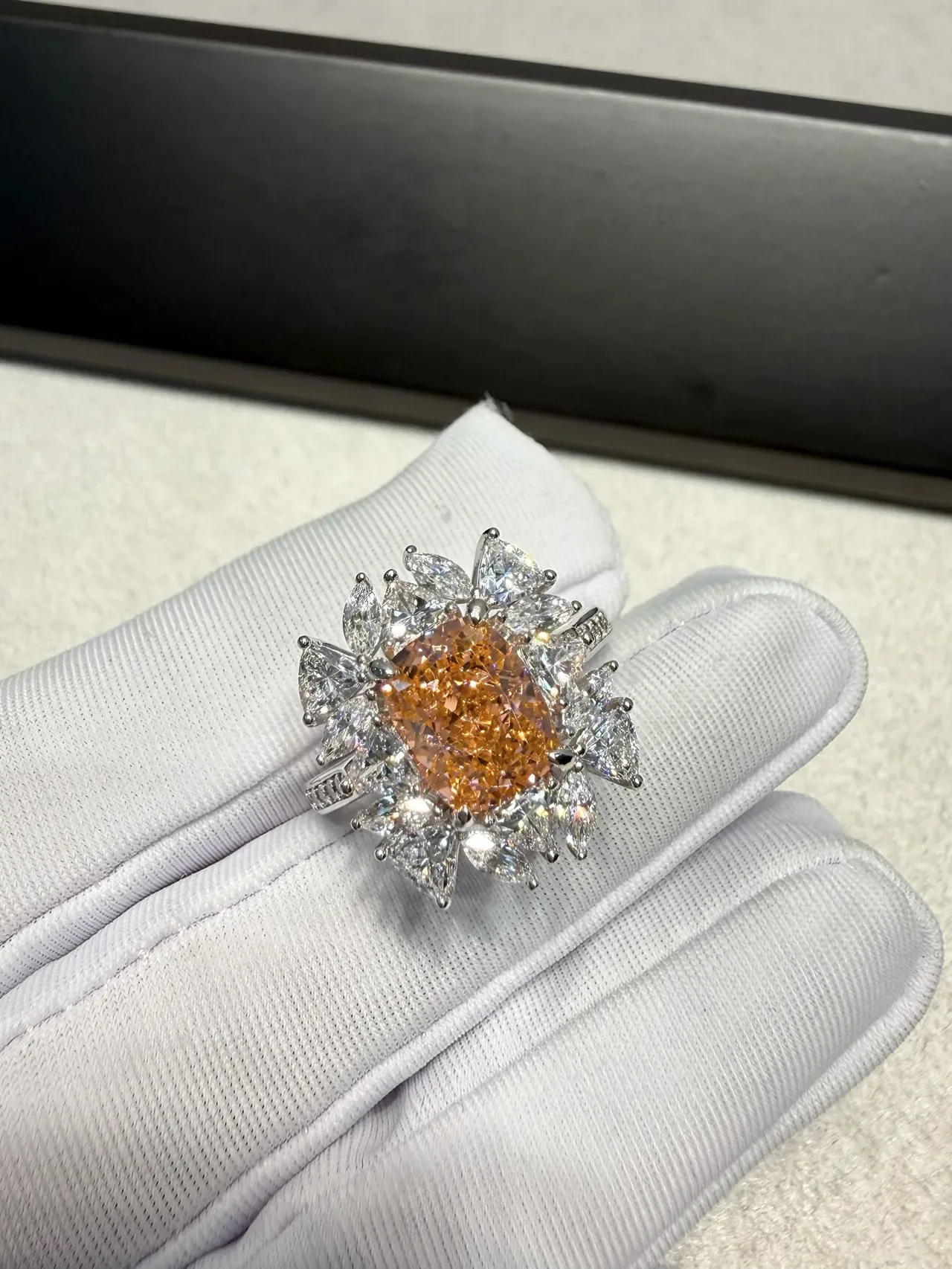 Orange White Halo Cluster Cushion-Cut Center Ring 9