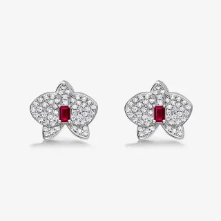 Orchid-Shaped Pavé-Set Red Gemstone Stud Earrings