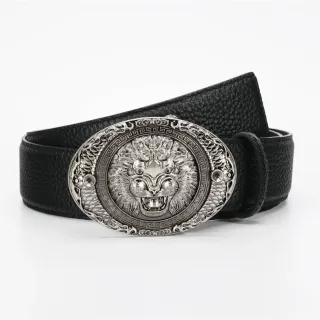 Ornate Lion-Head Buckle Black Pebbled Leather Belt