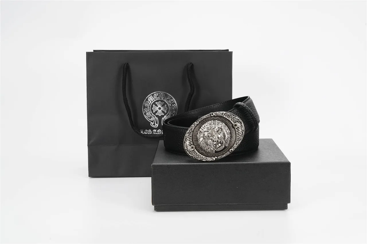 Ornate Lion-Head Buckle Black Pebbled Leather Belt 4