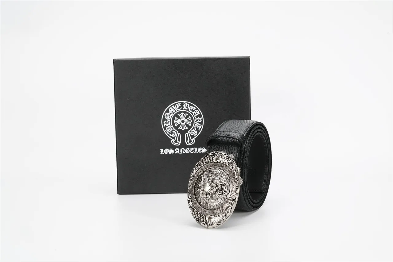 Ornate Lion-Head Buckle Black Pebbled Leather Belt 5