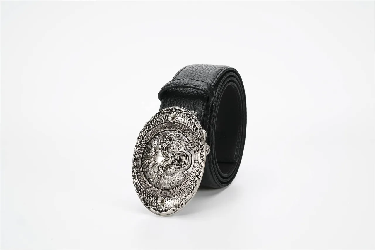 Ornate Lion-Head Buckle Black Pebbled Leather Belt 6