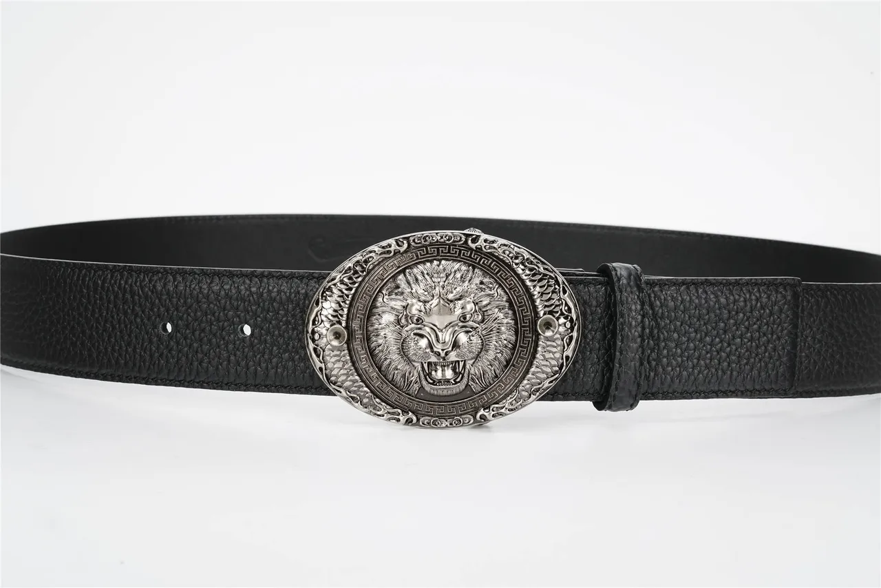 Ornate Lion-Head Buckle Black Pebbled Leather Belt 8