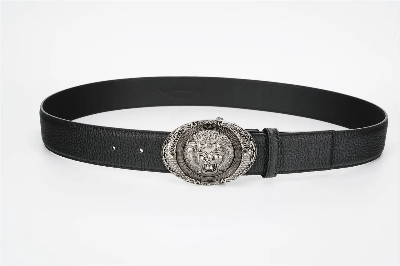 Ornate Lion-Head Buckle Black Pebbled Leather Belt 9