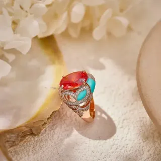 Ornate Red and Turquoise Pavé-Set Sculptural Ring