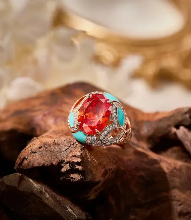 Ornate Red and Turquoise Pavé-Set Sculptural Ring 2