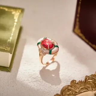 Ornate Red Cabochon Enamel-Accented Rose Gold Ring
