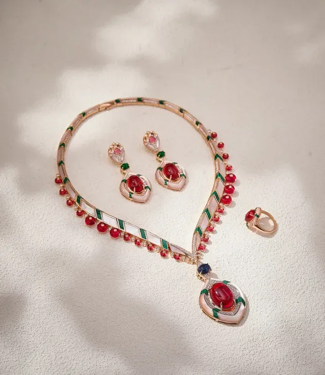 Ornate Red Cabochon Enamel-Accented Rose Gold Ring 2