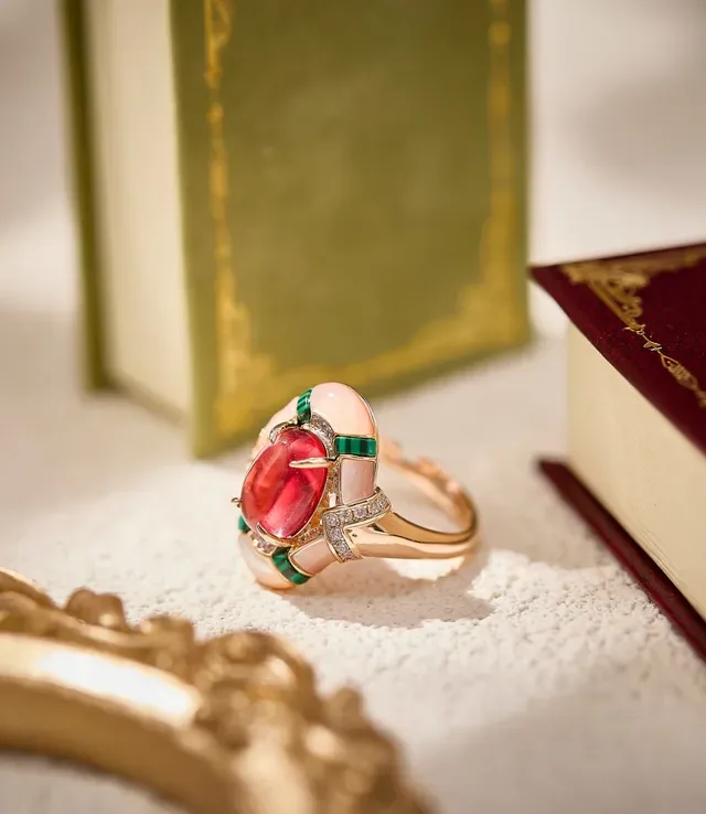 Ornate Red Cabochon Enamel-Accented Rose Gold Ring 4