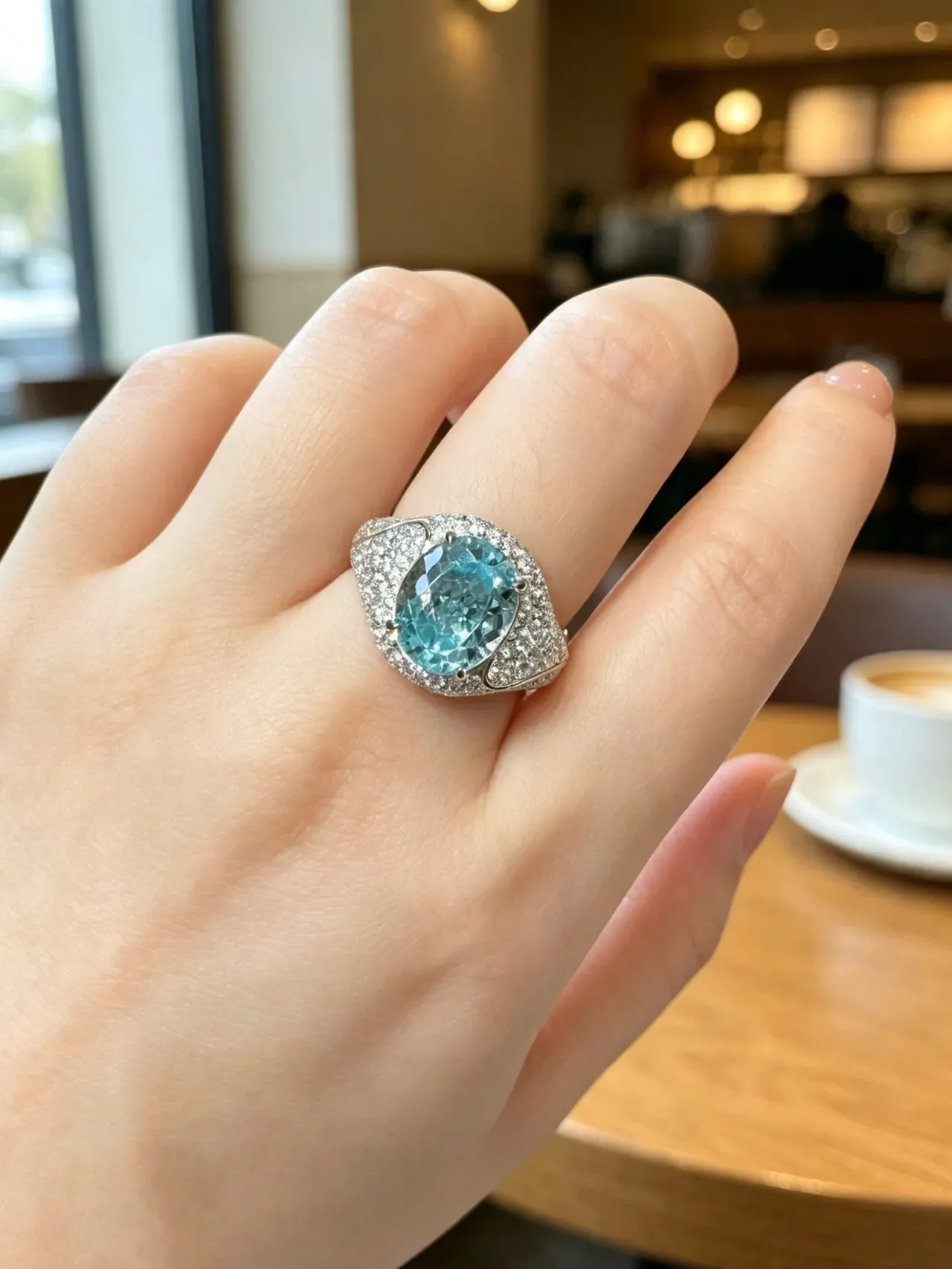 Oval Aqua Gemstone Pavé Halo Ring 9