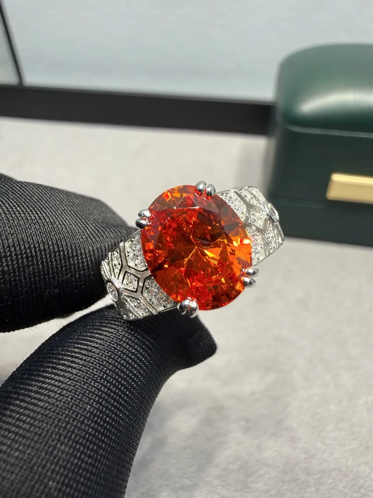 Oval Orange Gemstone Pavé Diamond Accent Ring 7
