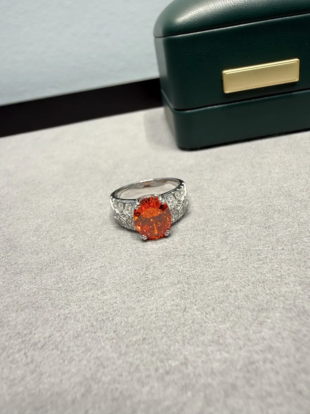 Oval Orange Gemstone Pavé Diamond Accent Ring 9