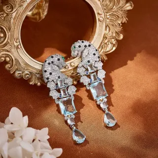 Panther-Head Pavé Aquamarine Drop Earrings