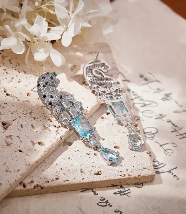 Panther-Head Pavé Aquamarine Drop Earrings 2