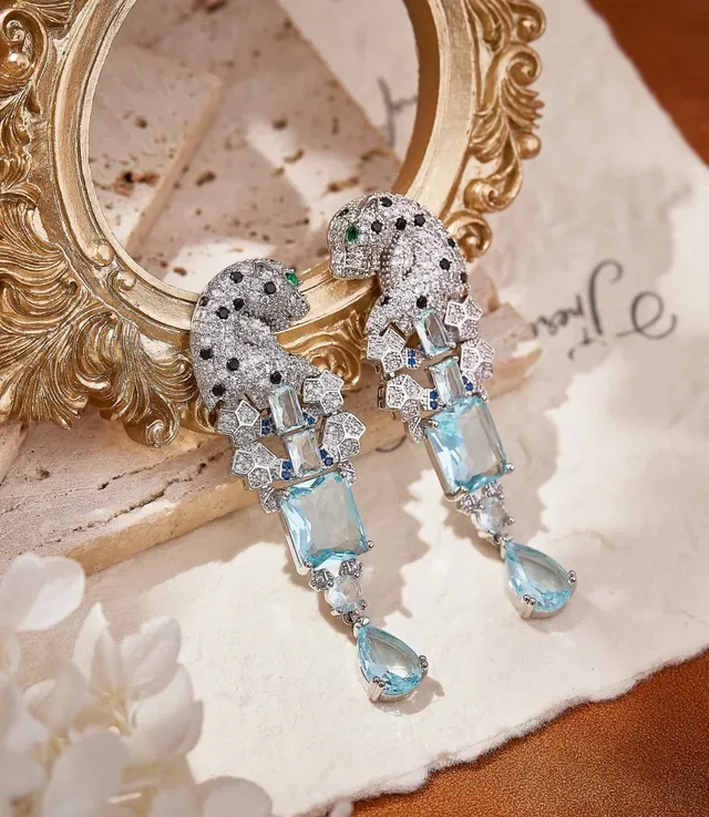 Panther-Head Pavé Aquamarine Drop Earrings 3