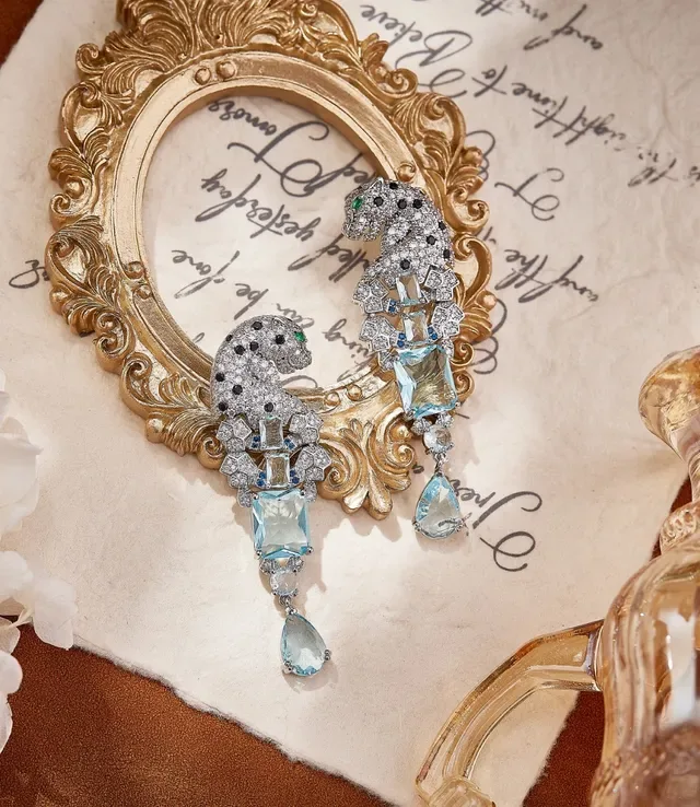 Panther-Head Pavé Aquamarine Drop Earrings 5