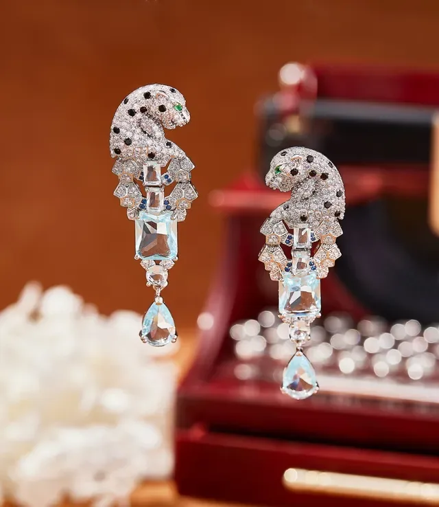 Panther-Head Pavé Aquamarine Drop Earrings 7