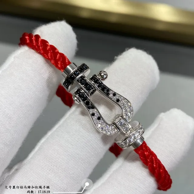 Pavé Black and White Stone Horseshoe Clasp Red Cord Bracelet 8