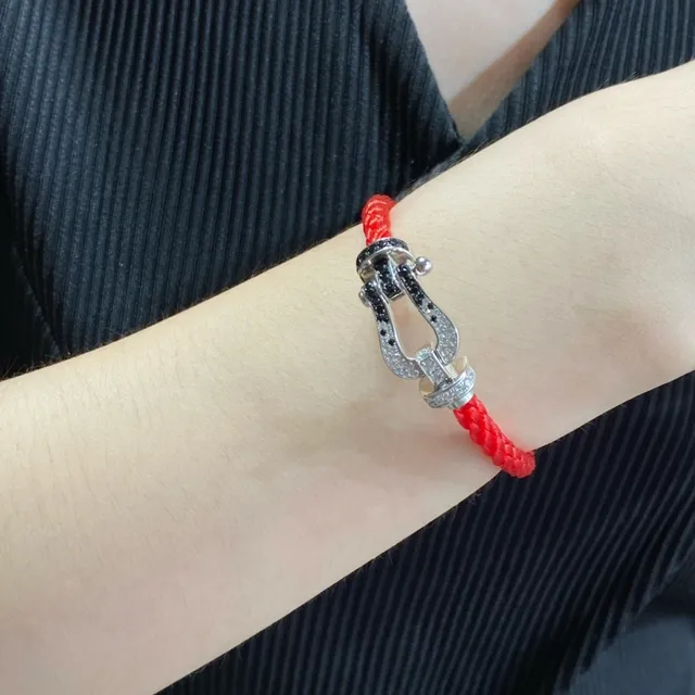 Pavé Black and White Stone Horseshoe Clasp Red Cord Bracelet 9