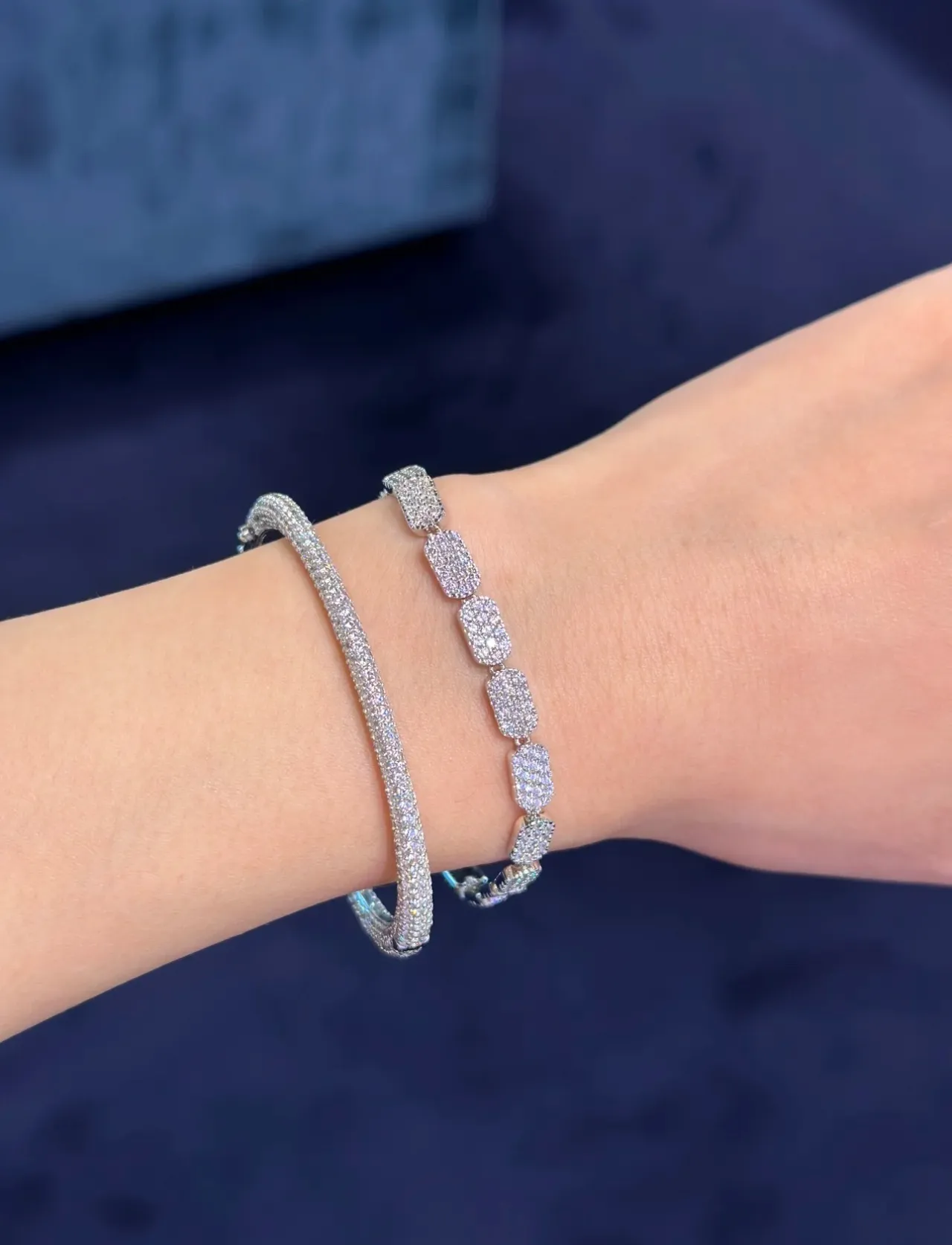 Pavé-Set Rectangular Link Silver-Tone Bracelet 3