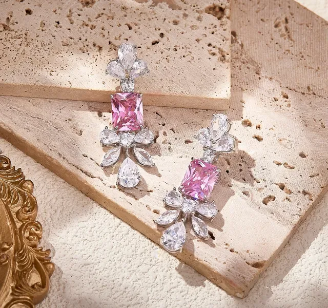 Pink and Clear Crystal Chandelier Drop Earrings 4