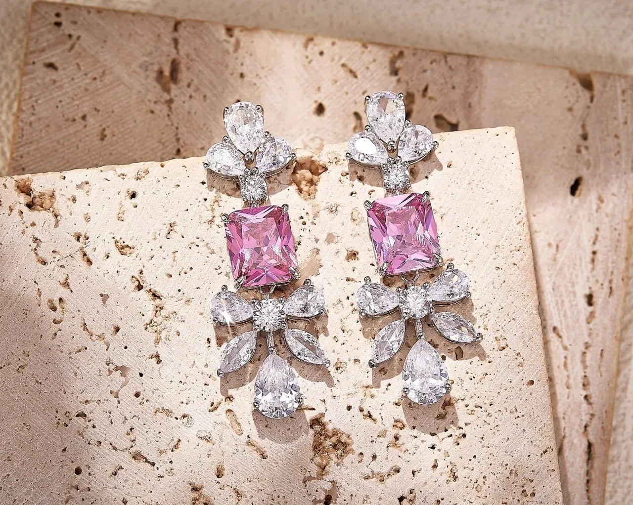 Pink and Clear Crystal Chandelier Drop Earrings 5