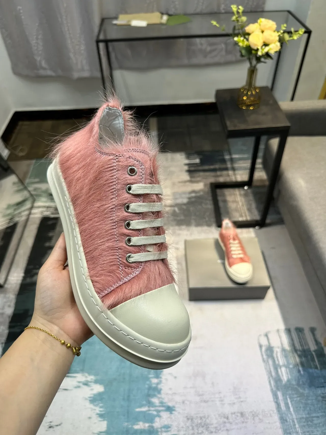Pink Fuzzy Upper Off-White Toe Cap Low-Top Sneaker 6
