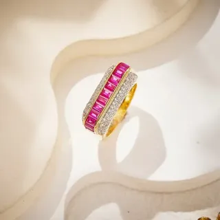 Pink Gold Channel-Set Rectangular Rubies Pavé Diamond Borders Ring
