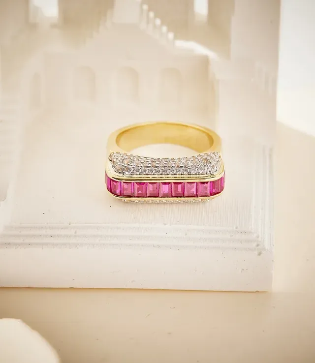 Pink Gold Channel-Set Rectangular Rubies Pavé Diamond Borders Ring 2