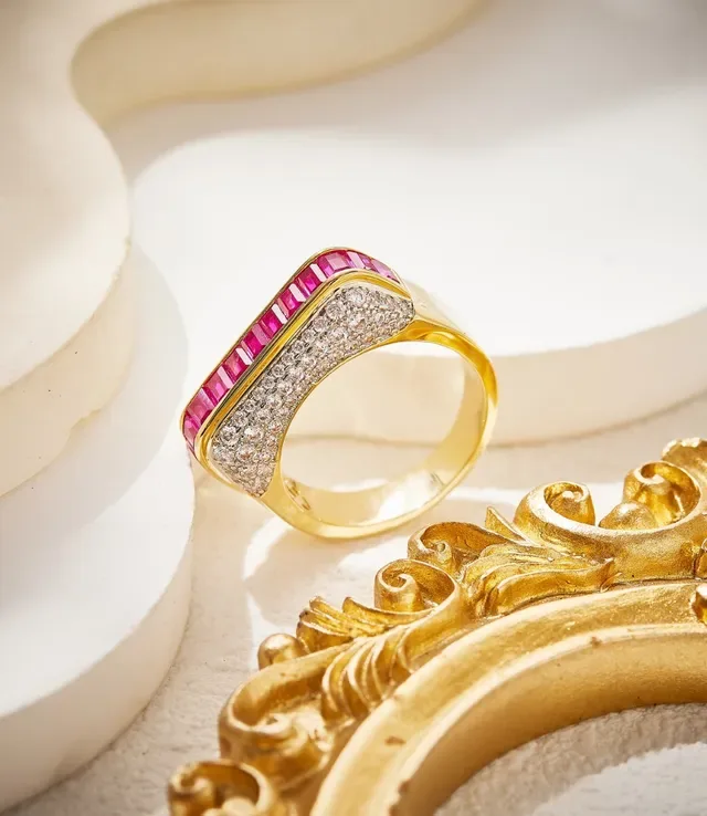 Pink Gold Channel-Set Rectangular Rubies Pavé Diamond Borders Ring 3