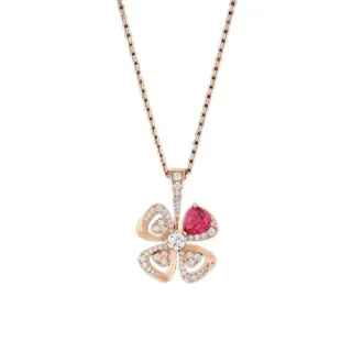 Colar em ouro rosa com pingente em forma de trevo com engaste de rosa