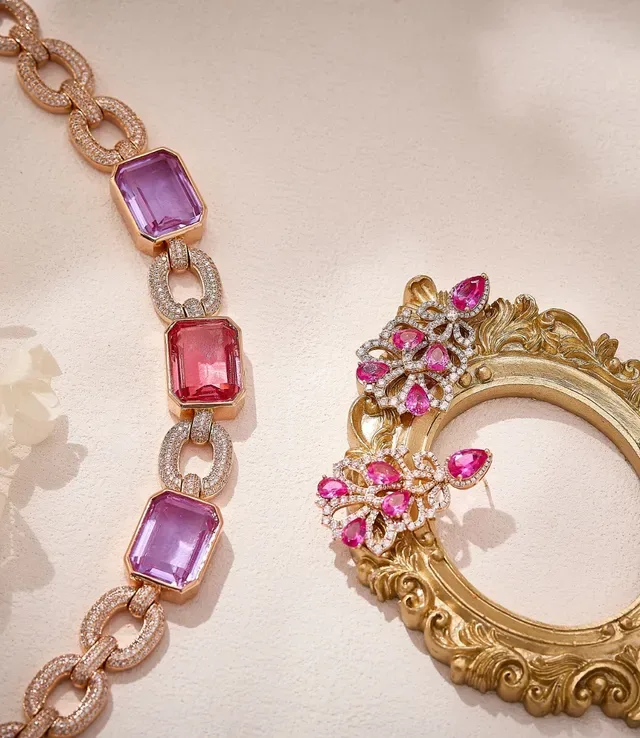 Pink Gold Link Chain Pavé-Diamond Encrusted Motifs Necklace 4