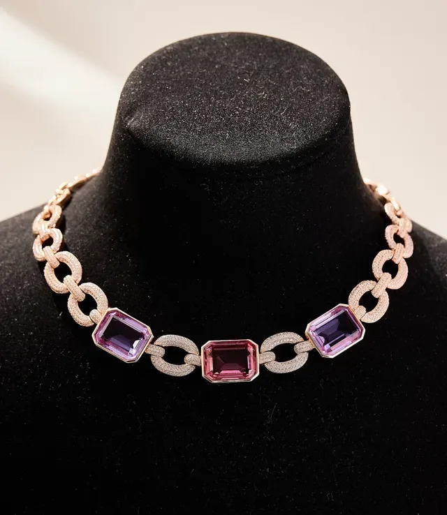 Pink Gold Link Chain Pavé-Diamond Encrusted Motifs Necklace 6
