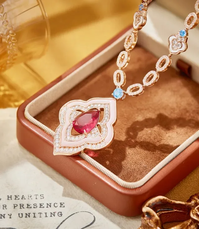 Pink Gold Quatrefoil Pendant Pavé Diamond Necklace 4