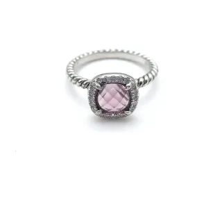 Pink Silver Cushion-Cut Central Stone Pavé Halo Ring