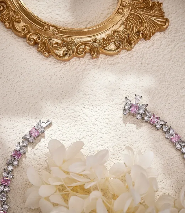 Pink Silver Floral Motif V-Shaped Bib Necklace 2
