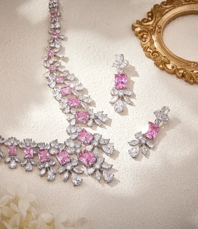 Pink Silver Floral Motif V-Shaped Bib Necklace 3