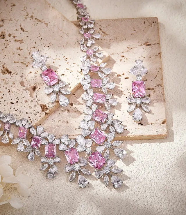 Pink Silver Floral Motif V-Shaped Bib Necklace 4