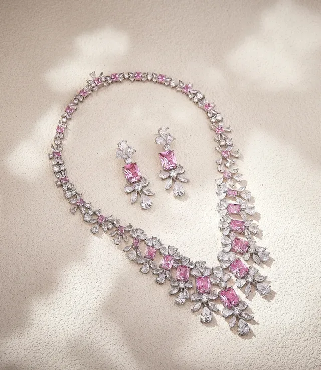 Pink Silver Floral Motif V-Shaped Bib Necklace 5