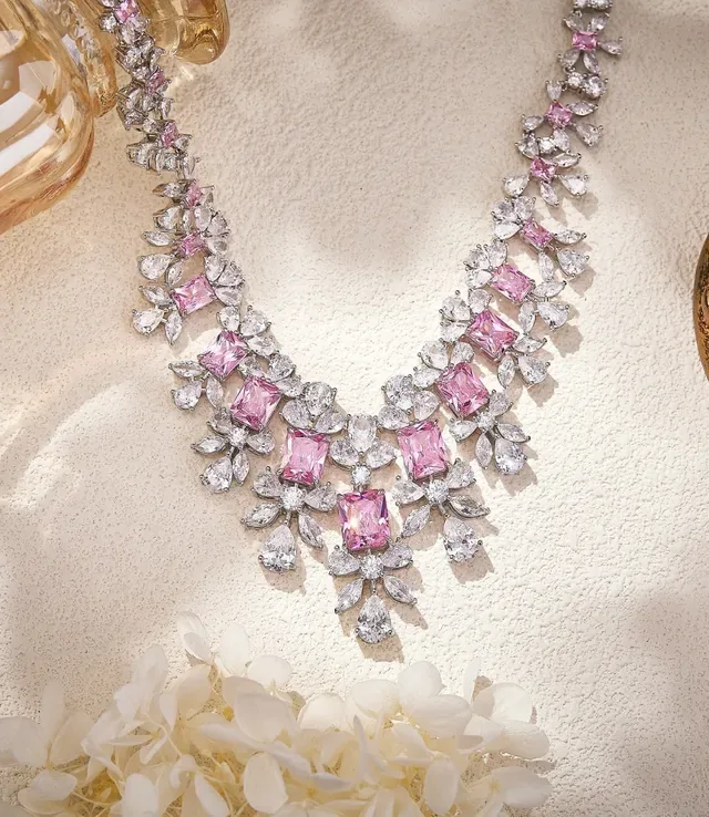 Pink Silver Floral Motif V-Shaped Bib Necklace 6