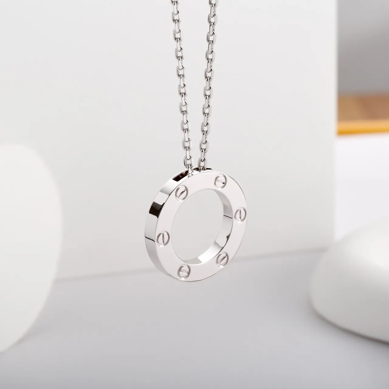 Polished Silver Circular Screw-Accent Pendant Necklace 9