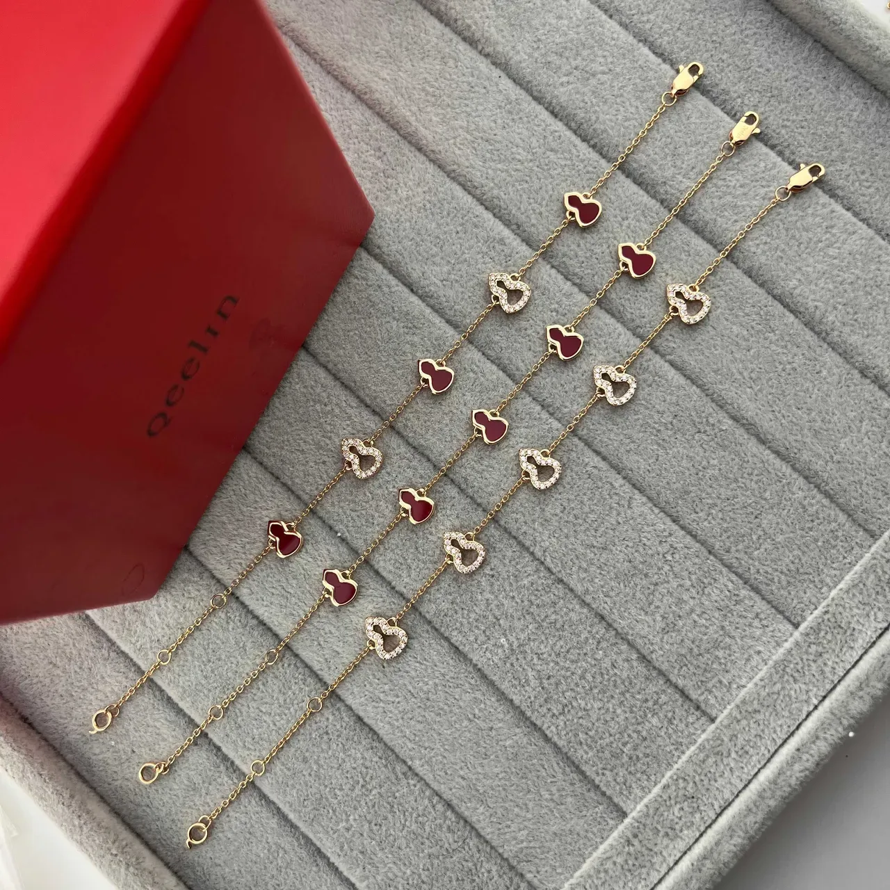 Qeelin Wulu Heart Red Enamel and Pavé Gold Chain Bracelets 9