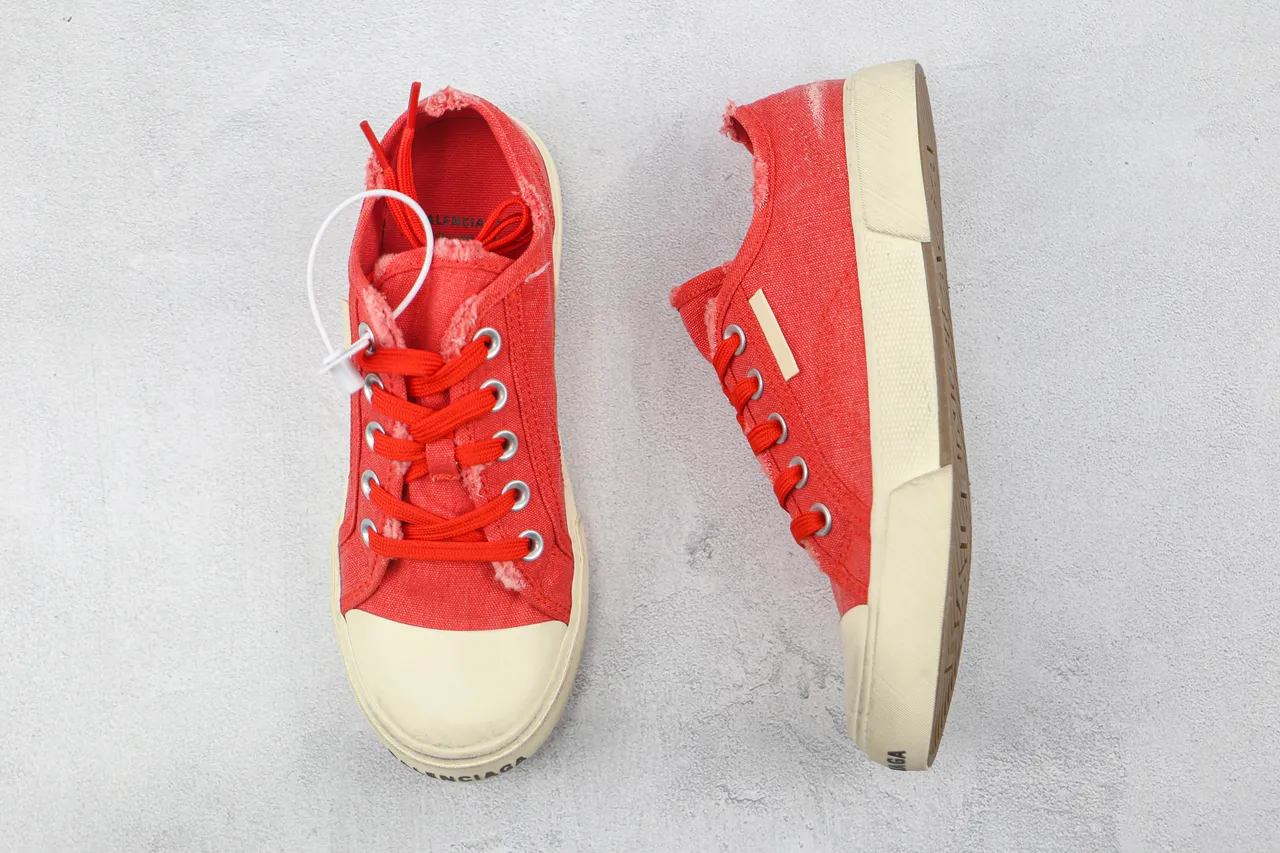 Sapatos de lona vermelho bege low-top com colar desfiado 3