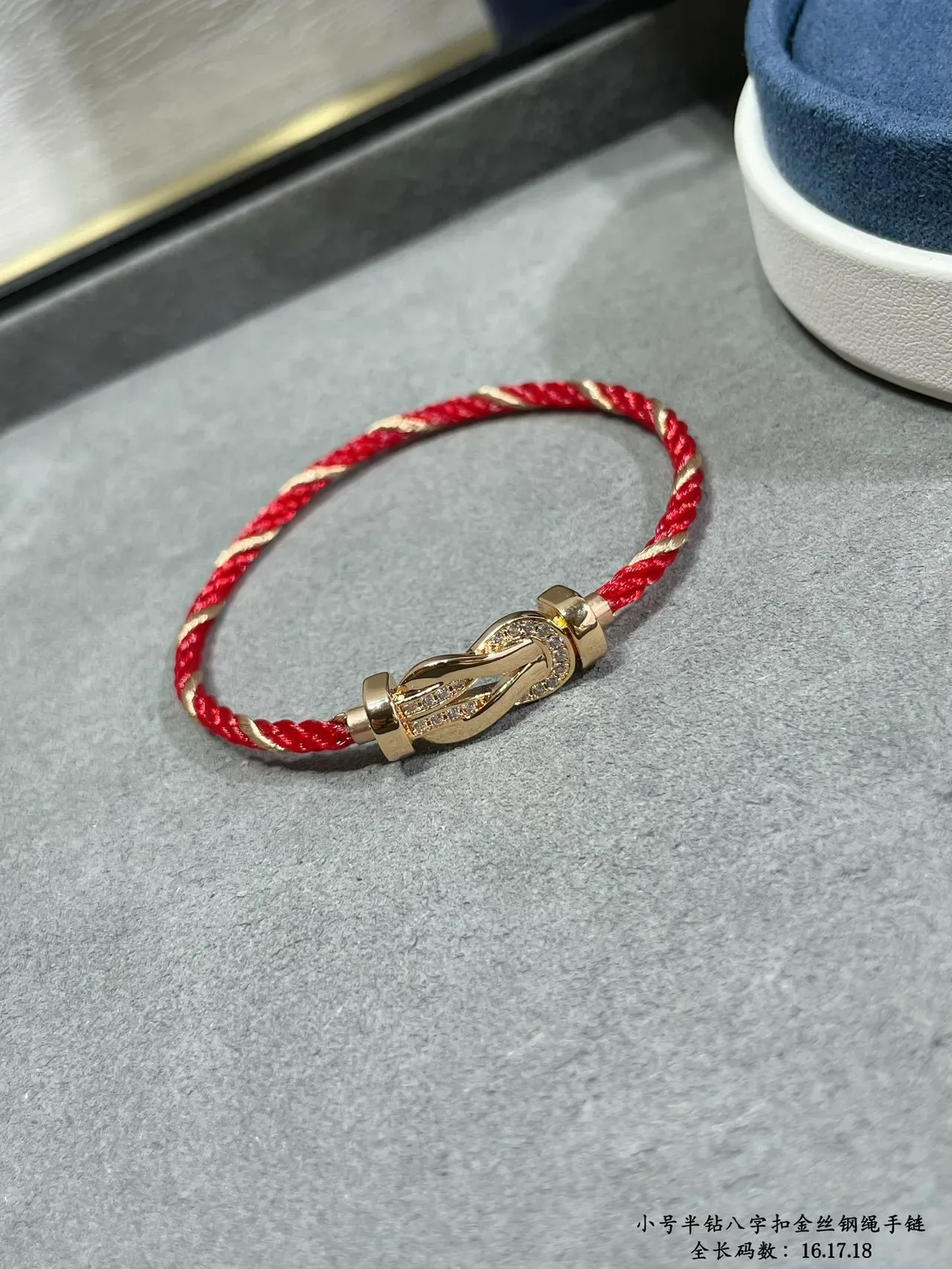 Red Braided Cord Gold-Tone Knot Clasp Pavé Crystal Bracelet 8