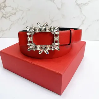 Red Crystal-Embellished Rectangular Buckle Leather Belt