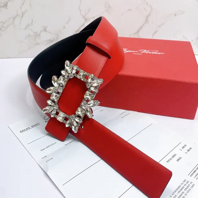Red Crystal-Embellished Rectangular Buckle Leather Belt 2