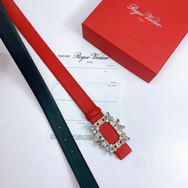 Red Crystal-Embellished Rectangular Buckle Leather Belt 4