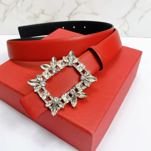 Red Crystal-Embellished Rectangular Buckle Leather Belt 6