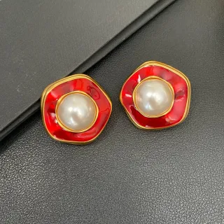 Red Enamel and Pearl Stud Earrings