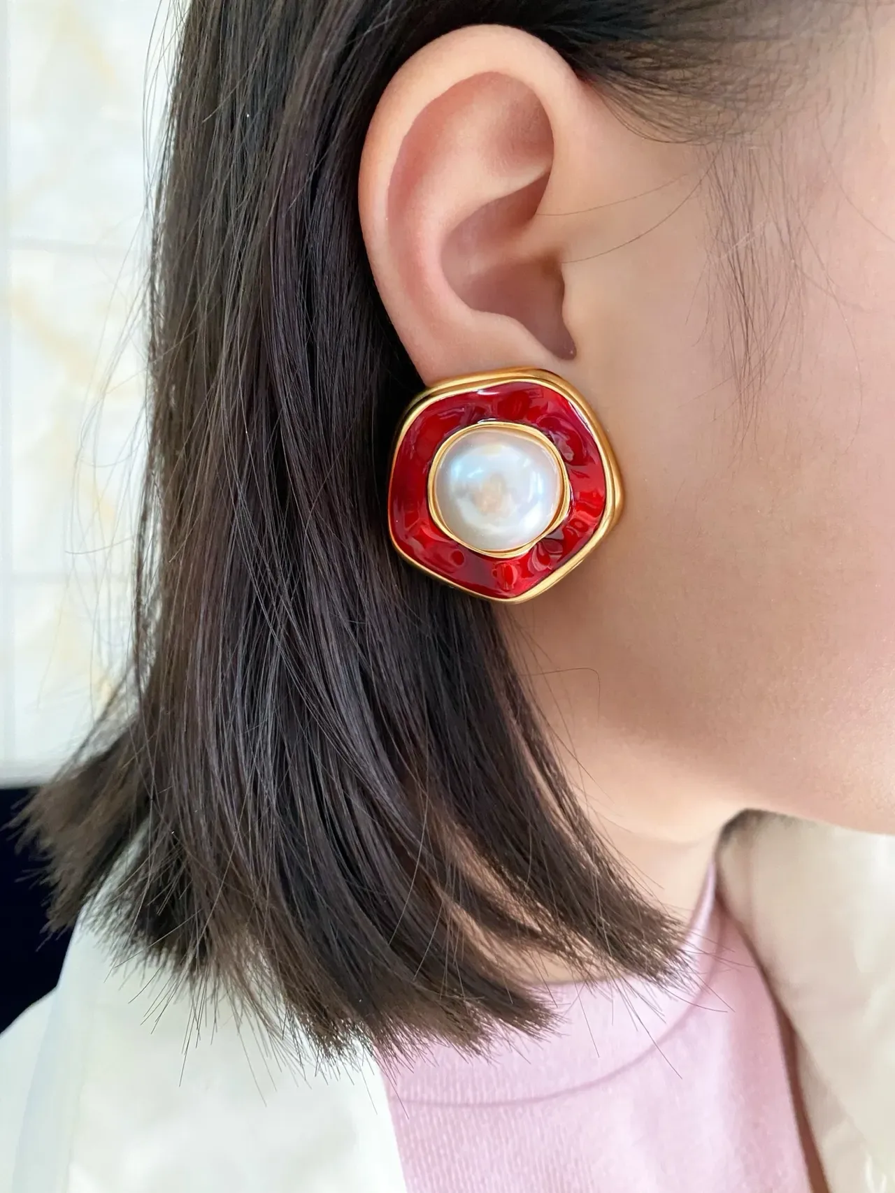 Red Enamel and Pearl Stud Earrings 2